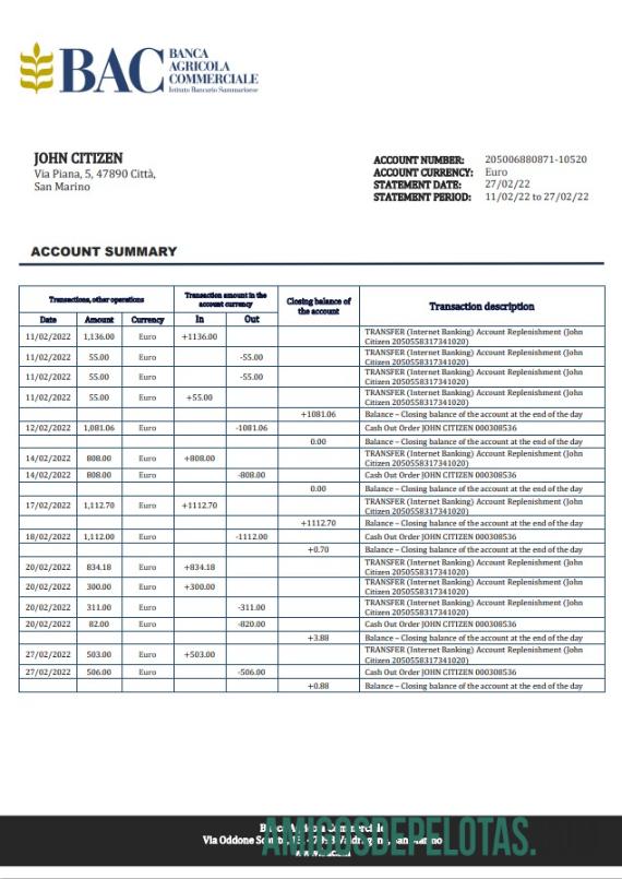 Exemplos de extratos bancários do San Marino Banca Agricola Commerciale